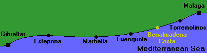 Map of Andulicia, Costa del Sol, Spain showing Benalmadena and Torremolinos.
